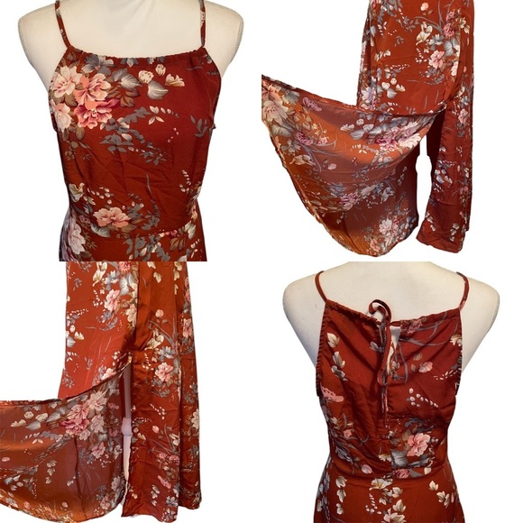 SHEIN Floral Thin Strap Orange Maxi Dress Women’s Small - Picture 2 of 14